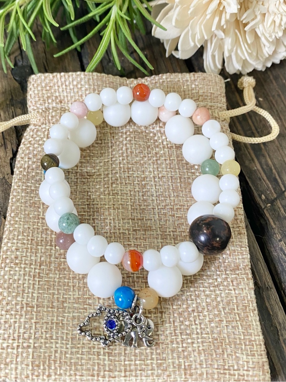 Colorful Beaded Stretch Bracelet Set, Matte White Jade, Charm Bracelet